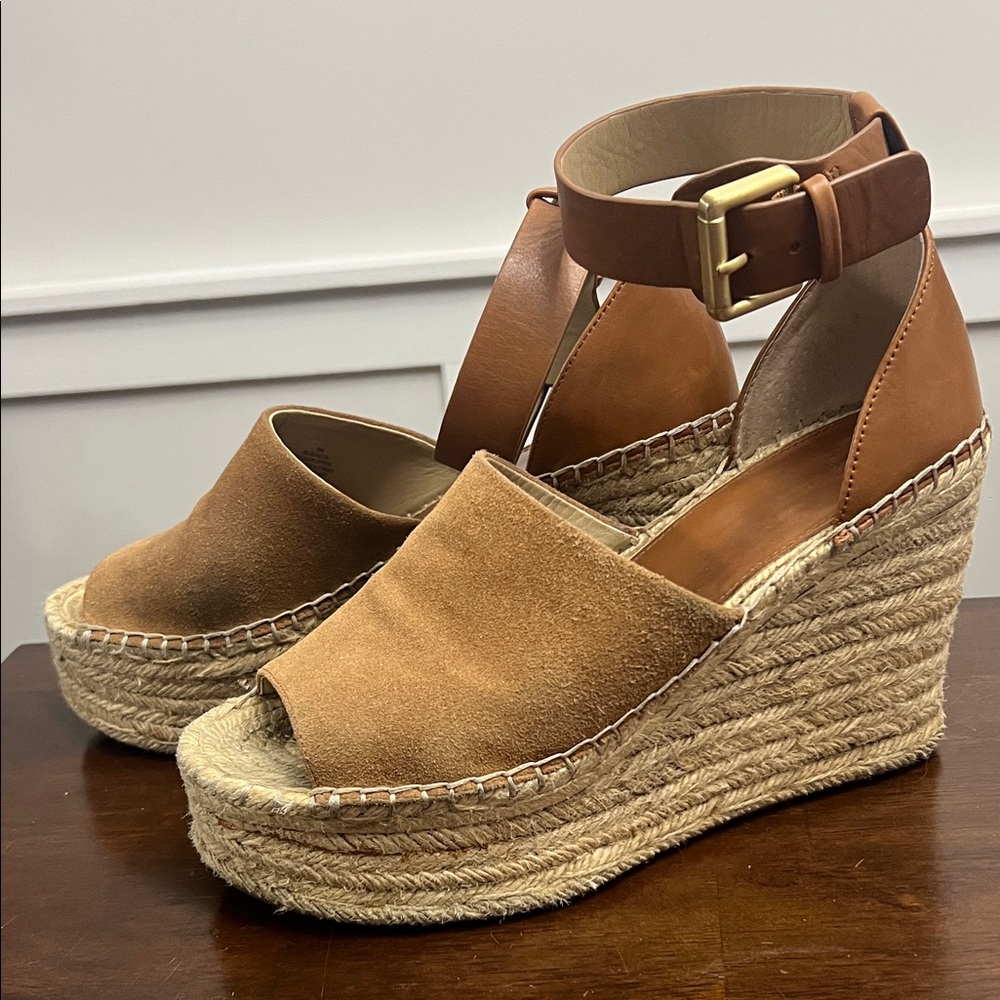 Marc Fisher Tan Suede Espadrille Wedge Sandals